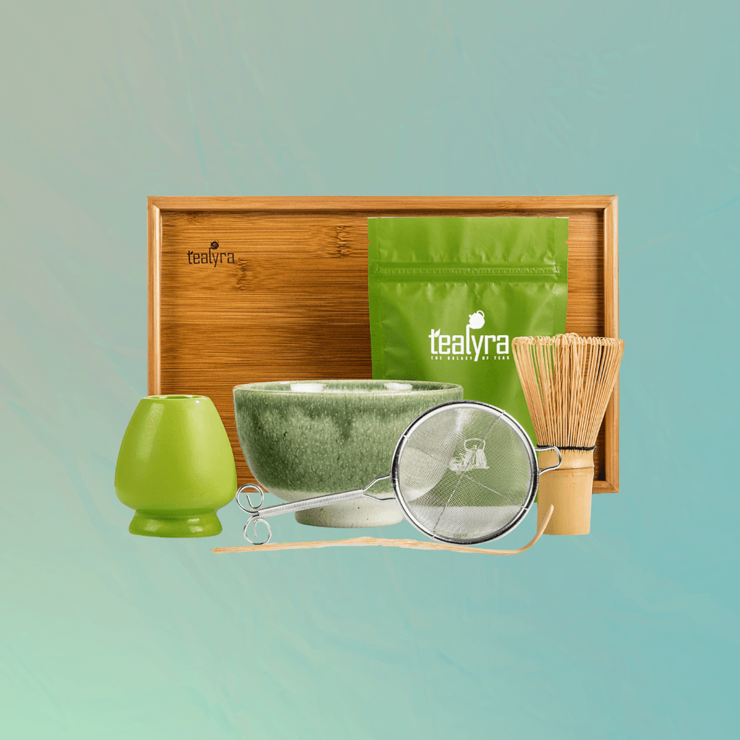 Tealyra - Matcha - Start Up Kit - 4 Items - Matcha Green Tea Gift Set - Japanese Made Green Bowl - Bamboo Whisk and Scoop - Whisk Holder - Gift Box